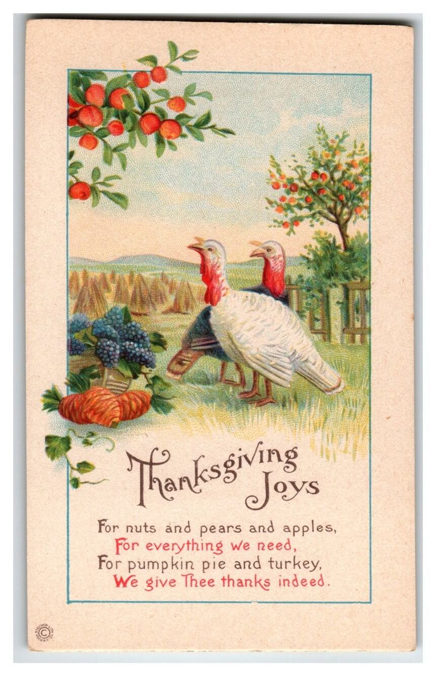 Vintage Thanksgiving Joys Postcard Turkeys Autumn Harvest Poem Embossed USA